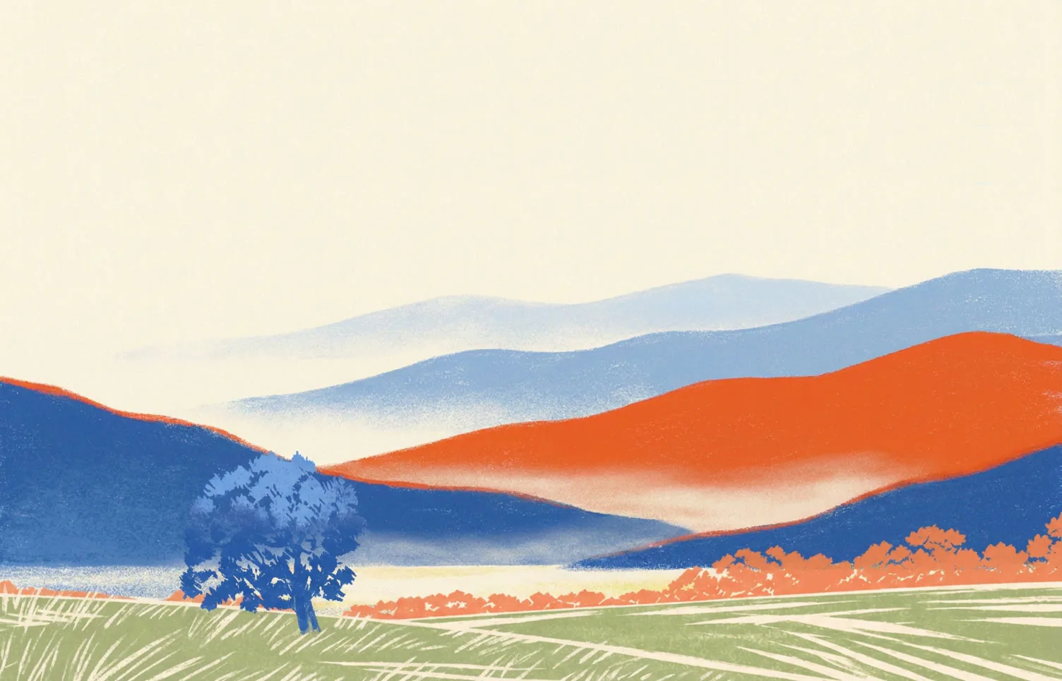 Illustrierte Landschaft mit einzelnem Baum, Wiese und gestaffelten Bergketten im Linolschnitt-Stil