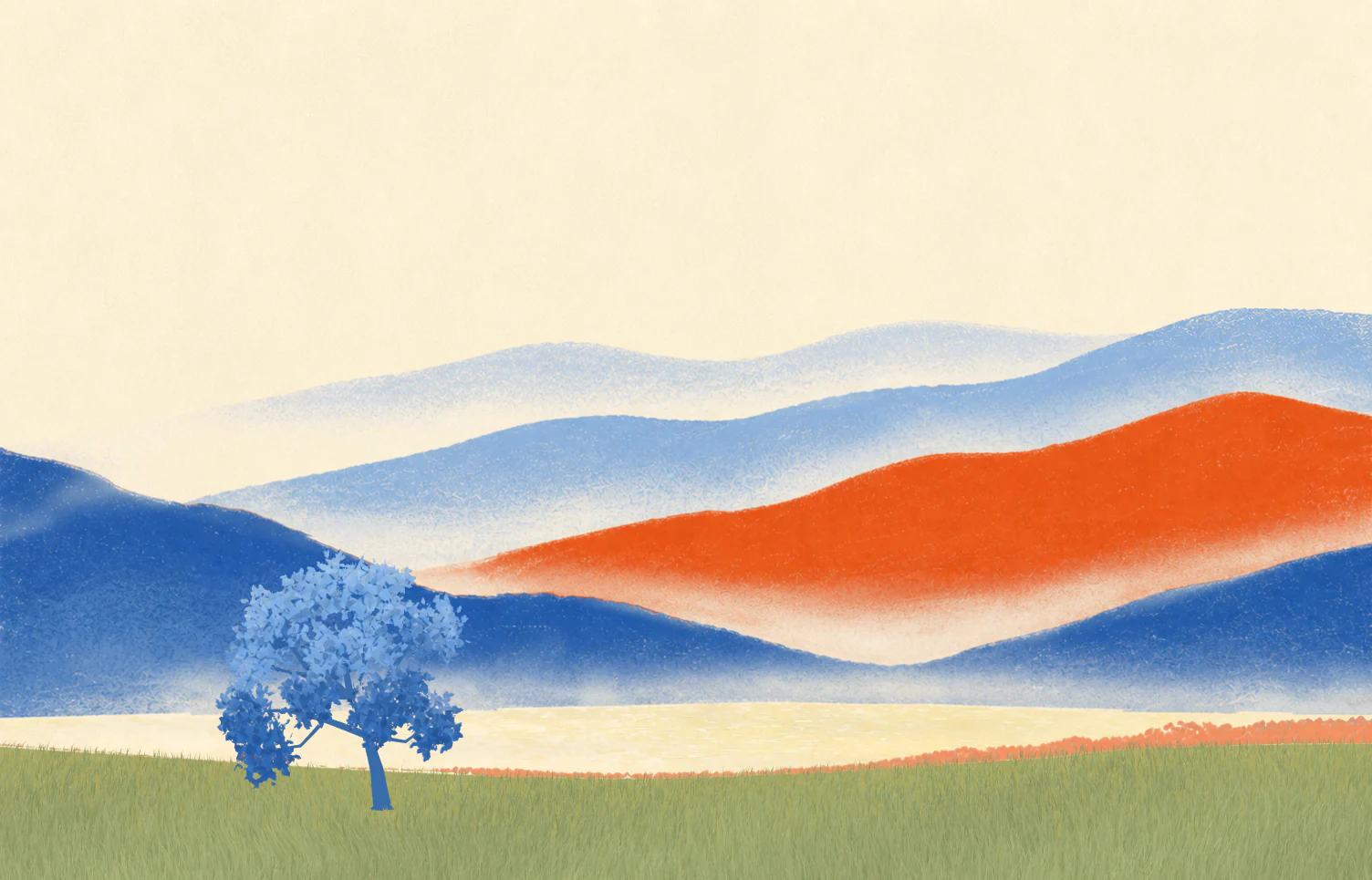 Gemalte Landschaft mit blauem Baum, olivgrüner Wiese und blauen und orangefarbenen Hügeln im Morgennebel