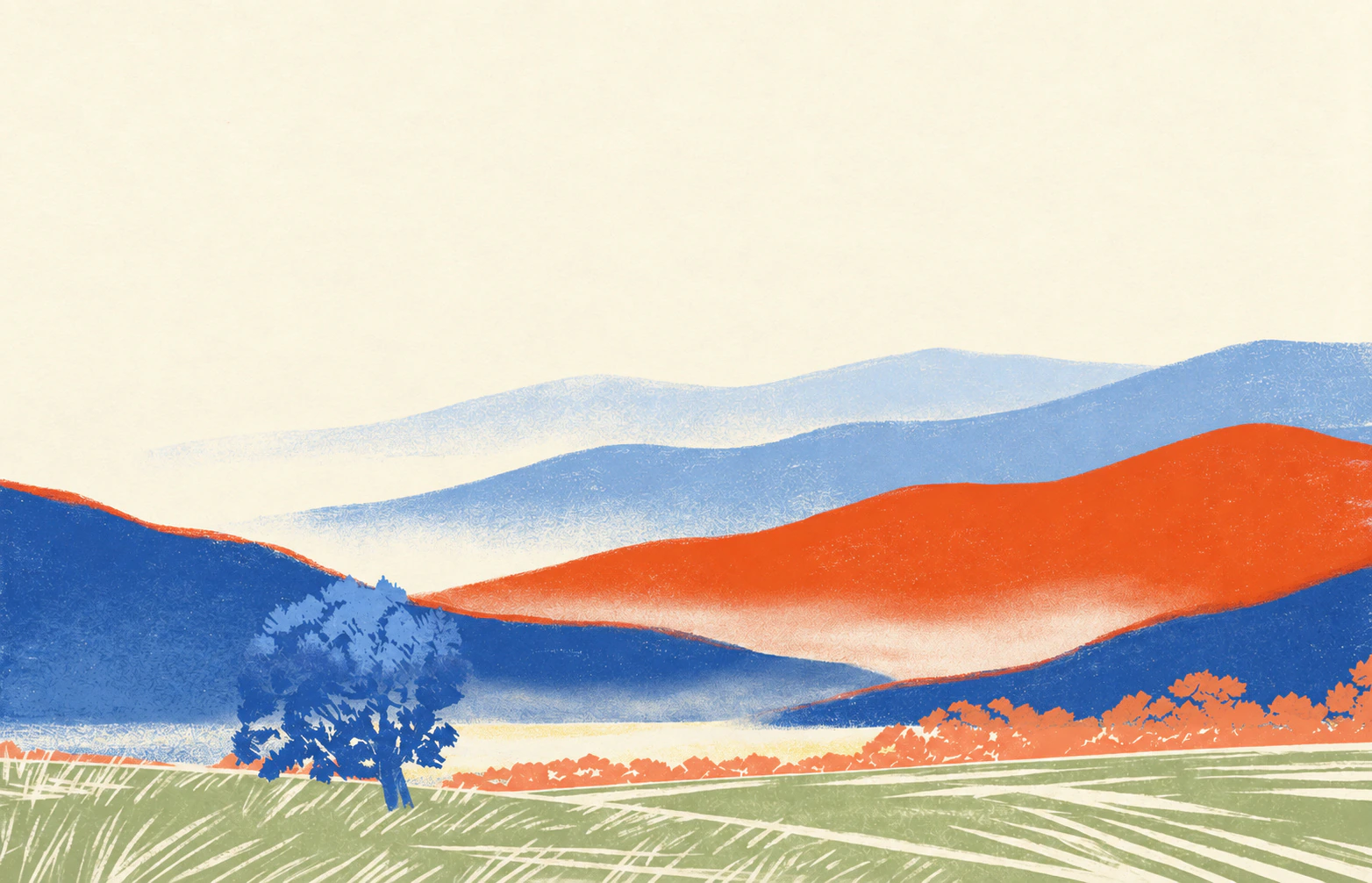 Illustrierte Landschaft mit einzelnem Baum, Wiese und gestaffelten Bergketten im Linolschnitt-Stil